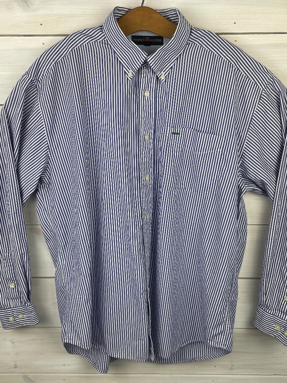 VTG 2002 Tommy Hilfiger Golf Blue Striped Long Sleeve Mens Shirt Size Large